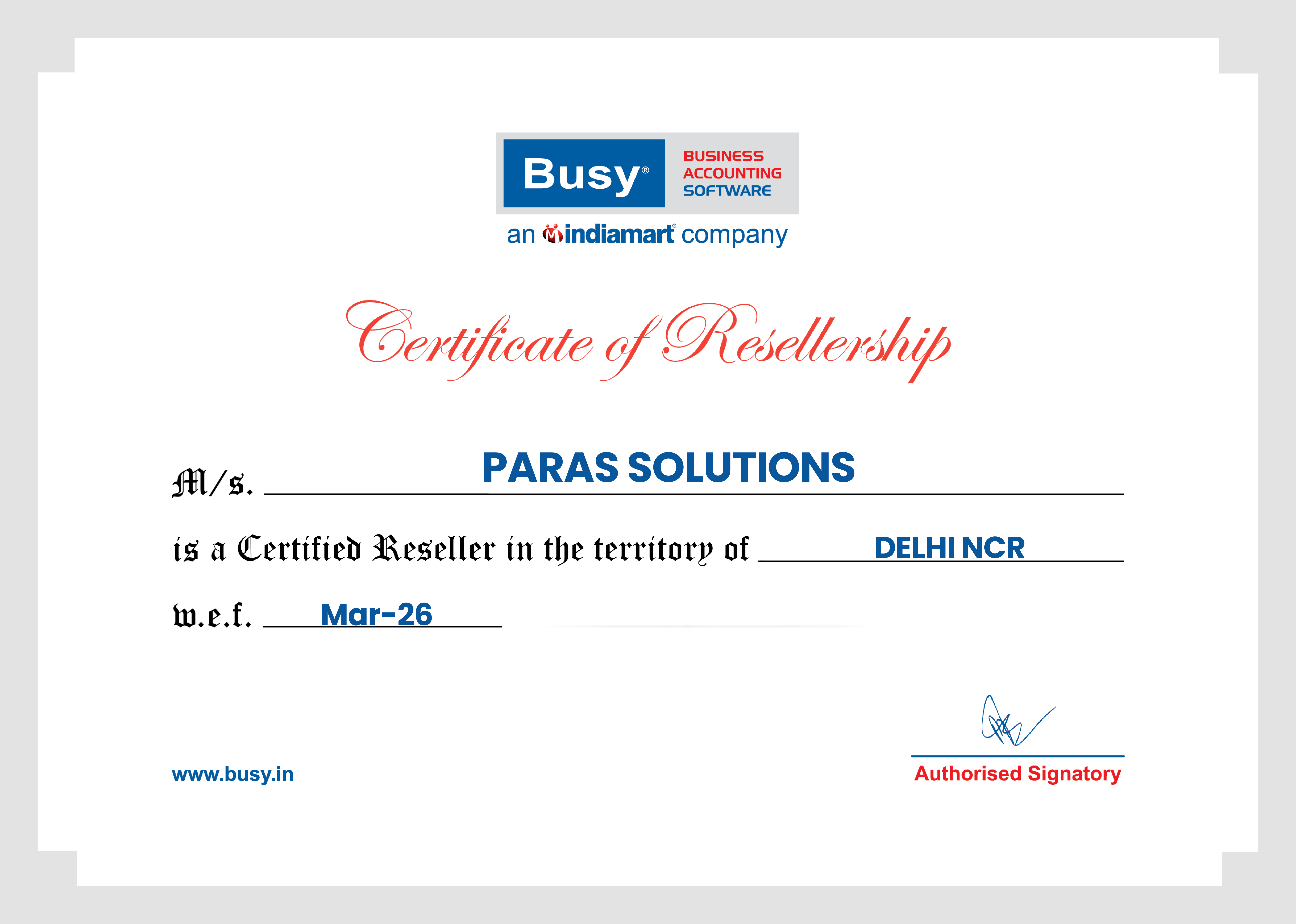 Busy Authorised Reseller Certificate